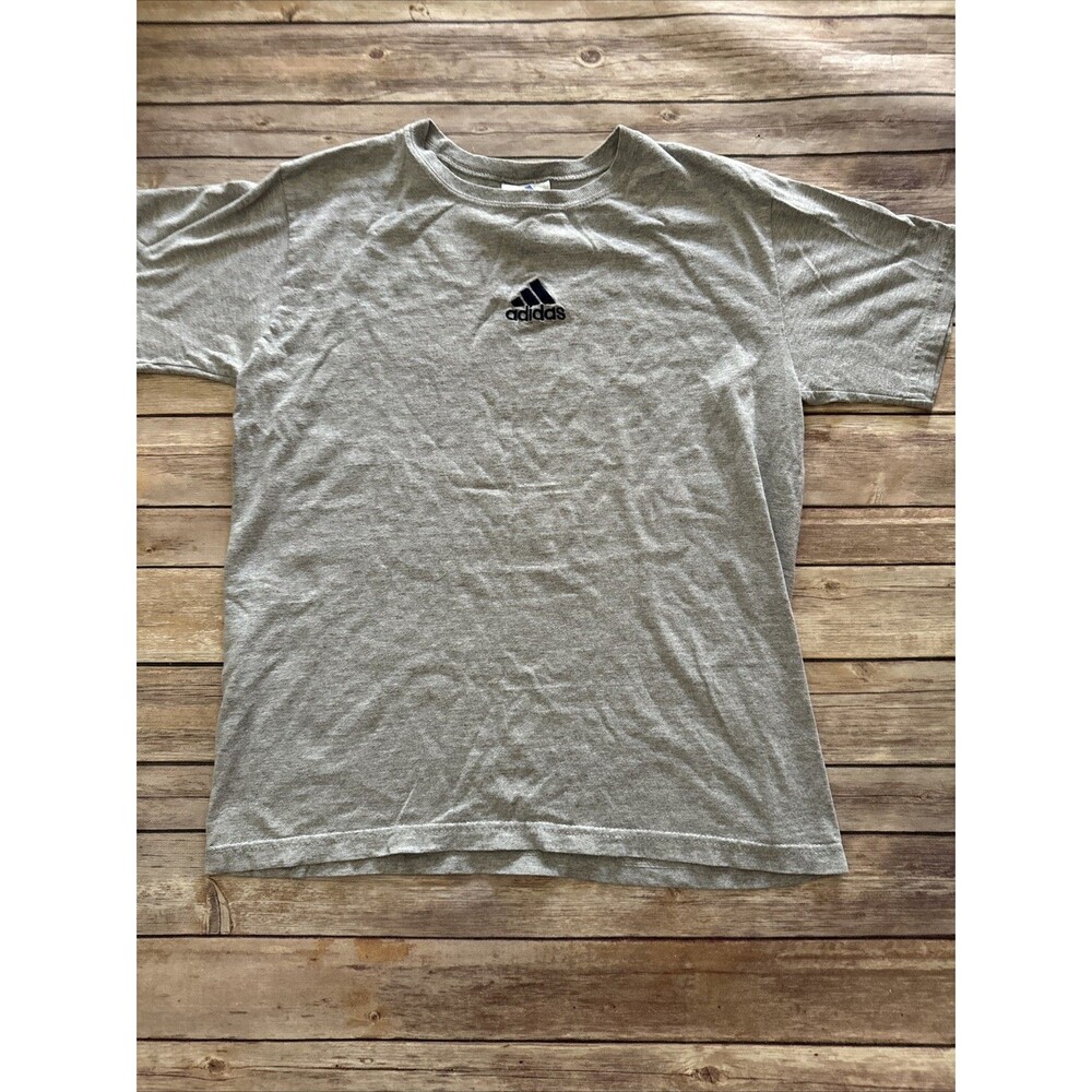 Vintage ADIDAS  T Shirt Gray Sz M  3 Stripes Embroidered Center Logo Blue Tag